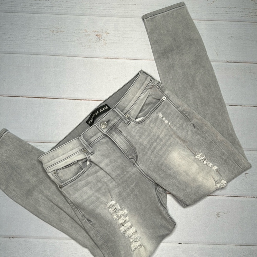 Express Jeans - Legging Skinny Mid-Rise Gray Distressed - Size 6 Short